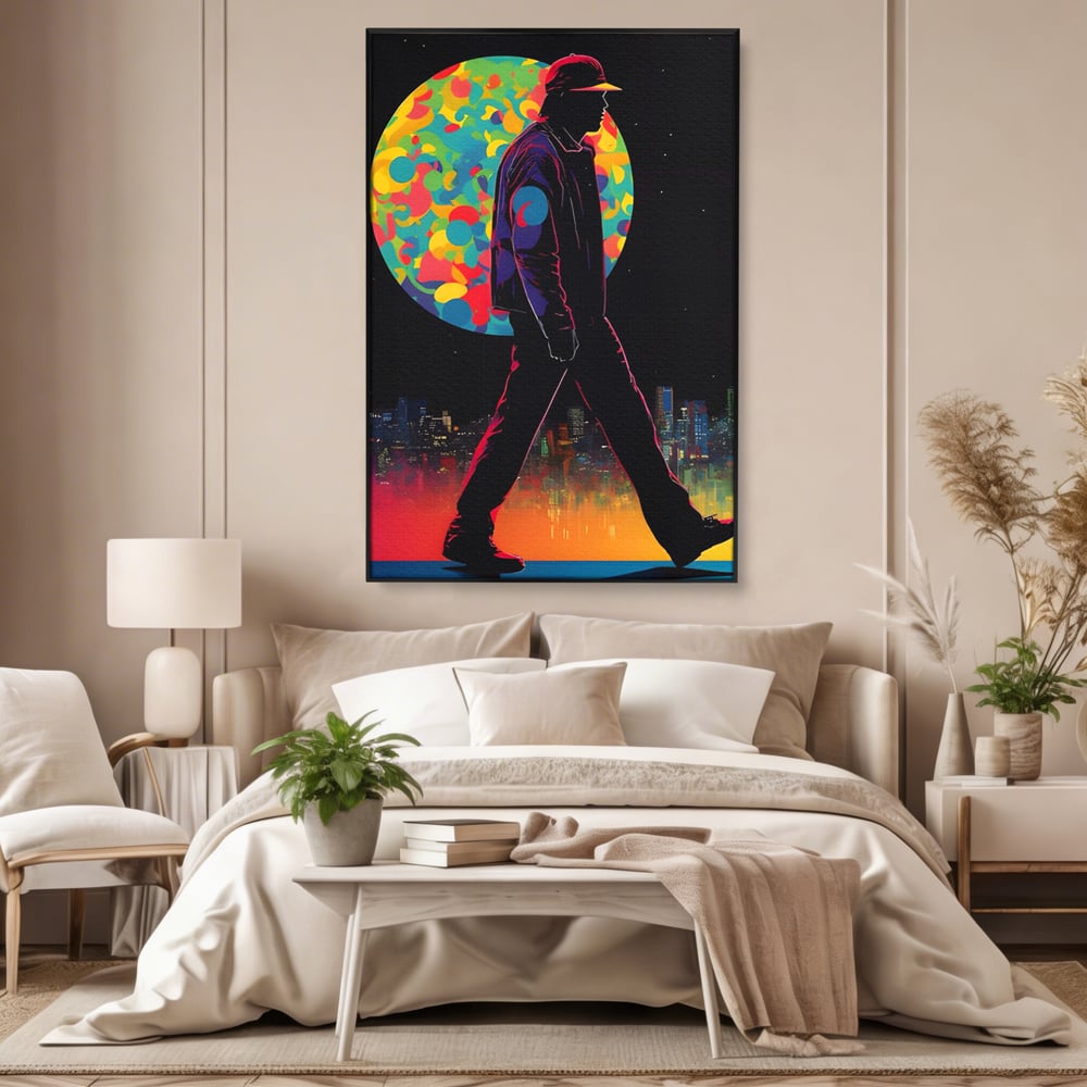 Tablou canvas cu tablou vertical cu silueta de barbat si oras, in rama de aluminiu negru, pe perete intr-un dormitor